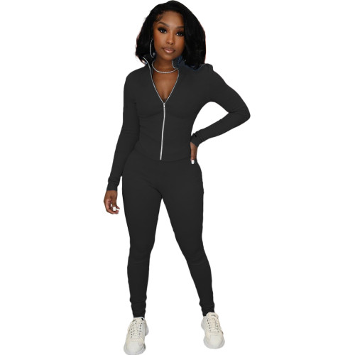Solid Color Black High Neck Zipper Up Sports Two Piece Fall Set