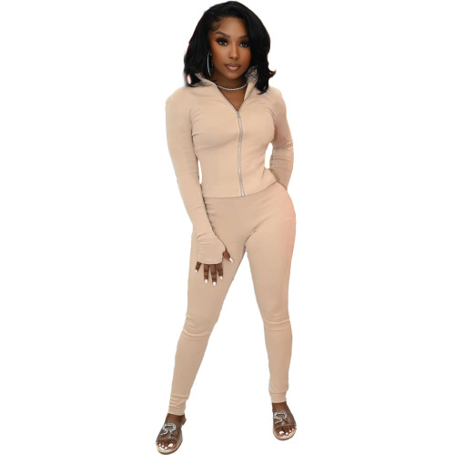 Solid Color Apricot High Neck Zipper Up Sports Two Piece Fall Set