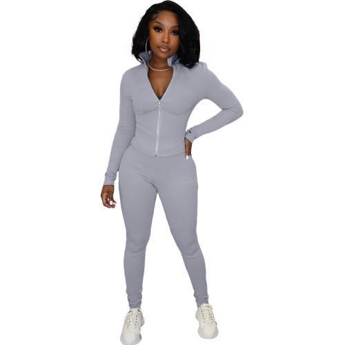 Solid Color Grey High Neck Zipper Up Sports Two Piece Fall Set