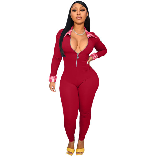 Red Plaid Patchwork Zipper Up Long Sleeve Turn-down Neck Skinny Jumpsuit