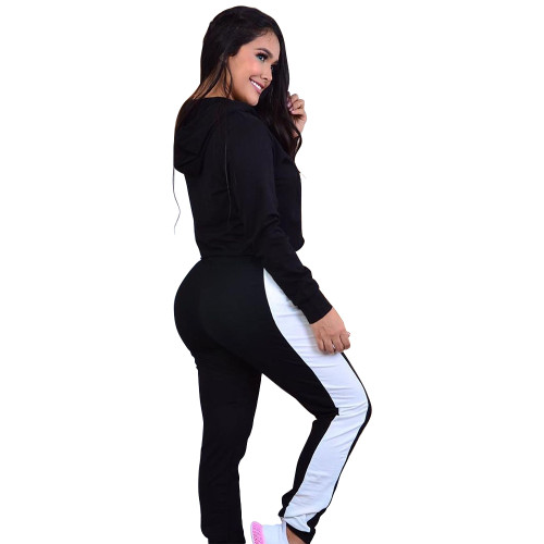 Casual Solid Black Long Sleeve Drawstring Two Piece Hoodie Set