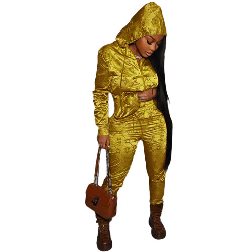Casual Gold Designer Clothes Printed Satin Reflective Sports Hoodie Two Piece Outfits Set