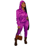 Casual Rose Designer Clothes Printed Satin Reflective Sports Hoodie Two Piece Outfits Set
