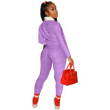 Autumn Women Purple Print Tracksuit Polo-neck Long Sleeve Pullover Top and Workout Bodycon Trouser