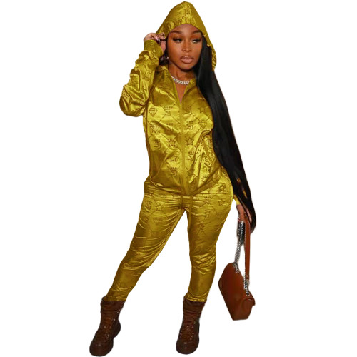 Casual Gold Designer Clothes Printed Satin Reflective Sports Hoodie Two Piece Outfits Set
