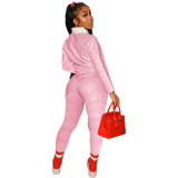 Autumn Women Pink Print Tracksuit Polo-neck Long Sleeve Pullover Top and Workout Bodycon Trouser