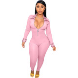 Light Pink Plaid Patchwork Zipper Up Long Sleeve Turn-down Neck Skinny Jumpsuit
