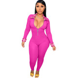 Pink Plaid Patchwork Zipper Up Long Sleeve Turn-down Neck Skinny Jumpsuit