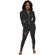 Solid Color Black High Neck Zipper Up Sports Two Piece Fall Set