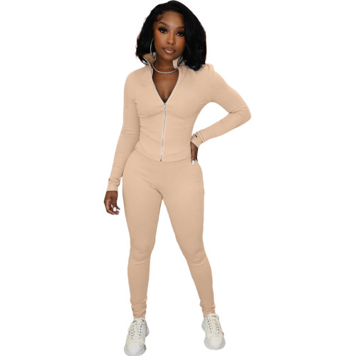 Solid Color Apricot High Neck Zipper Up Sports Two Piece Fall Set