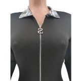 Black Plaid Patchwork Zipper Up Long Sleeve Turn-down Neck Skinny Jumpsuit