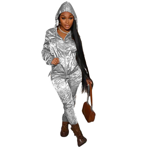 Casual Silver Designer Clothes Printed Satin Reflective Sports Hoodie Two Piece Outfits Set