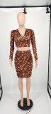 Casual Brown Designer Clothes Printed Letter V Neck Zipper Crop Top Midi Skirts Set