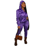 Casual Purple Designer Clothes Printed Satin Reflective Sports Hoodie Two Piece Outfits Set