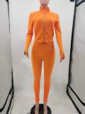 Solid Color Orange High Neck Zipper Up Sports Two Piece Fall Set