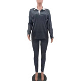 Autumn Women Black Print Tracksuit Polo-neck Long Sleeve Pullover Top and Workout Bodycon Trouser