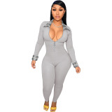 Grey Plaid Patchwork Zipper Up Long Sleeve Turn-down Neck Skinny Jumpsuit