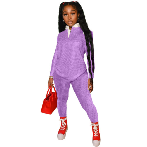 Autumn Women Purple Print Tracksuit Polo-neck Long Sleeve Pullover Top and Workout Bodycon Trouser