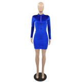 Solid Color Blue Velvet Zipper Fashion Mini Dress