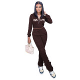 Casual Coffee Zipper Up Letter Embroidered Sports Stacked Sweatpant Two Piece Outfits Set