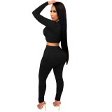 2021 Black Knitted Women's Sets Casual Printed Long Sleeve Sports Crop Top and Stacked Trousers