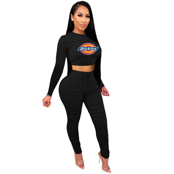 2021 Black Knitted Women's Sets Casual Printed Long Sleeve Sports Crop Top and Stacked Trousers