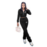 Casual Black Zipper Up Letter Embroidered Sports Stacked Sweatpant Two Piece Women Set