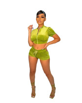 Women 2021 Green Velvet Zipper Crop Top and Short Set