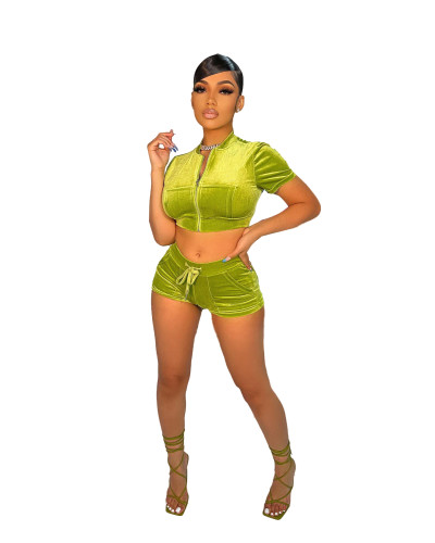 Women 2021 Green Velvet Zipper Crop Top and Short Set
