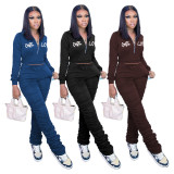 Casual Black Zipper Up Letter Embroidered Sports Stacked Sweatpant Two Piece Outfits Set