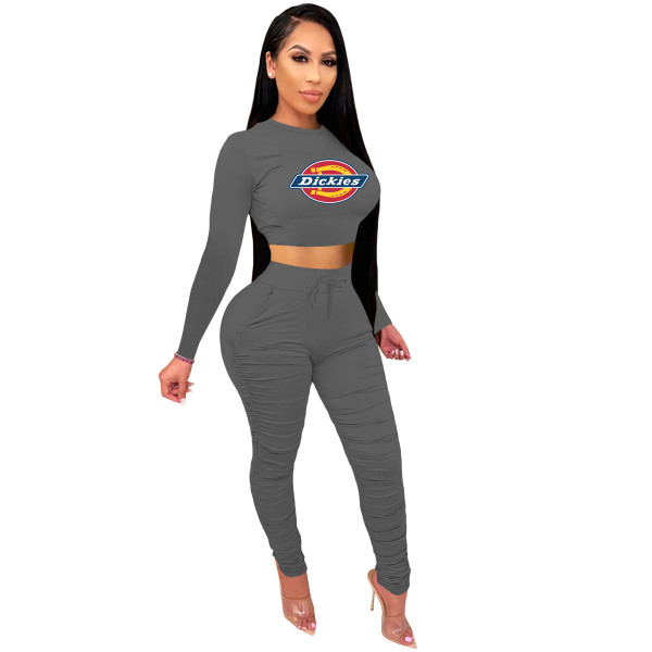 2021 Dark Grey Knitted Women's Sets Casual Printed Long Sleeve Sports Crop Top and Stacked Trousers