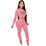 2021 Pink Knitted Women's Sets Casual Printed Long Sleeve Sports Crop Top and Stacked Trousers