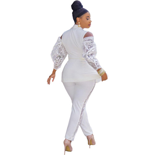 Fashion Casual White Patchwork Hollowed Out Turndown Collar Long Sleeve Two Pieces
