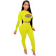2021 Yellow Knitted Women's Sets Casual Printed Long Sleeve Sports Crop Top and Stacked Trousers