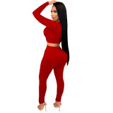 2021 Red Knitted Women's Sets Casual Printed Long Sleeve Sports Crop Top and Stacked Trousers