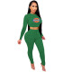2021 Green Knitted Women's Sets Casual Printed Long Sleeve Sports Crop Top and Stacked Trousers