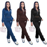Casual Coffee Zipper Up Letter Embroidered Sports Stacked Sweatpant Two Piece Women Set