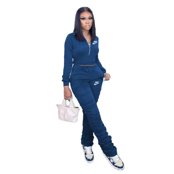 Casual Blue Zipper Up Letter Embroidered Sports Stacked Sweatpant Two Piece Women Set