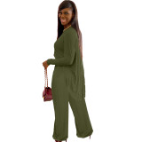 Solid Army Green Boat-Neck Top & Pants Set