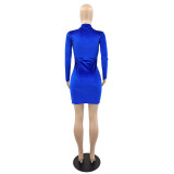 Solid Color Blue Velvet Zipper Fashion Mini Dress