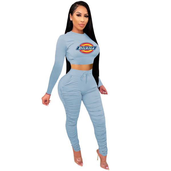 2021 Light Blue Knitted Women's Sets Casual Printed Long Sleeve Sports Crop Top and Stacked Trousers