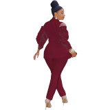 Fashion Casual Wine Red Patchwork Hollowed Out Turndown Collar Long Sleeve Two Pieces