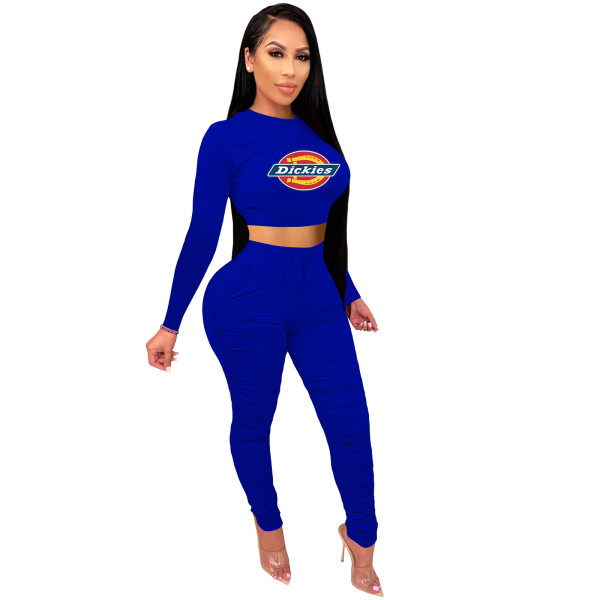 2021 Royal Blue Knitted Women's Sets Casual Printed Long Sleeve Sports Crop Top and Stacked Trousers