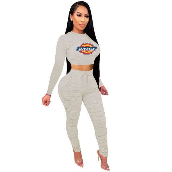 2021 Light Grey Knitted Women's Sets Casual Printed Long Sleeve Sports Crop Top and Stacked Trousers