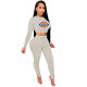 2021 Light Grey Knitted Women's Sets Casual Printed Long Sleeve Sports Crop Top and Stacked Trousers