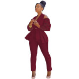 Fashion Casual Wine Red Patchwork Hollowed Out Turndown Collar Long Sleeve Two Pieces