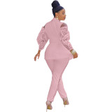 Fashion Casual Pink Patchwork Hollowed Out Turndown Collar Long Sleeve Two Pieces