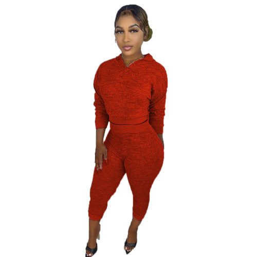 Womens Fall Clothing 2021 Solid Red V Neck Sweatpant and Hoodie Set For Women