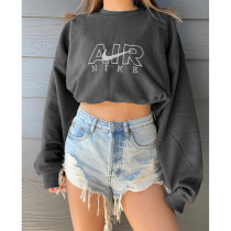 Solid Color Dark Grey Fall Positioning Embroidery Sweatshirt