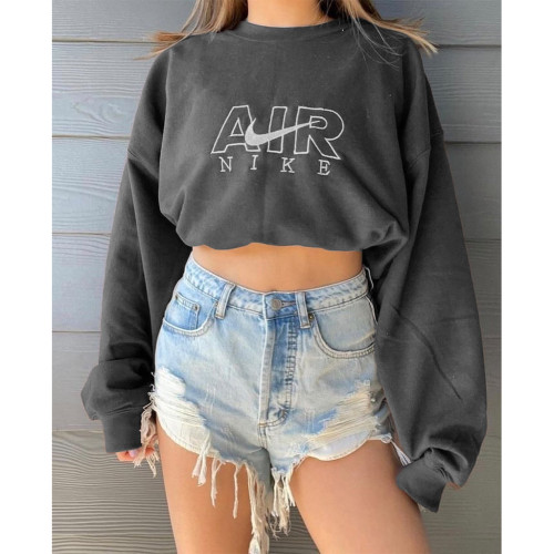 Solid Color Dark Grey Fall Positioning Embroidery Sweatshirt